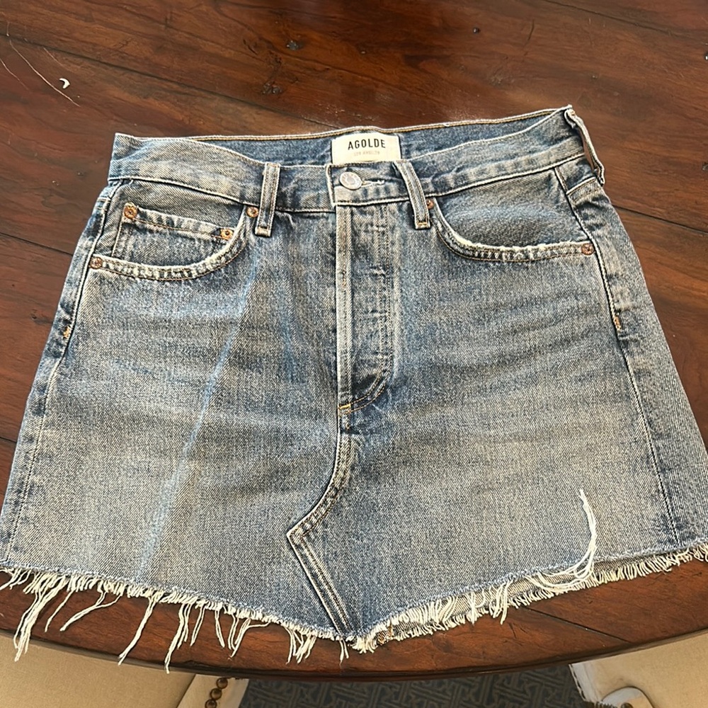 Agolde Blue Denim Frayed Hem Skirt